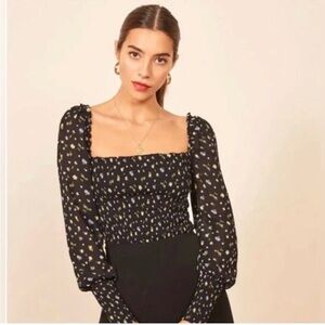 Reformation Black Floral Smocked Puff-Sleeve Crop Top